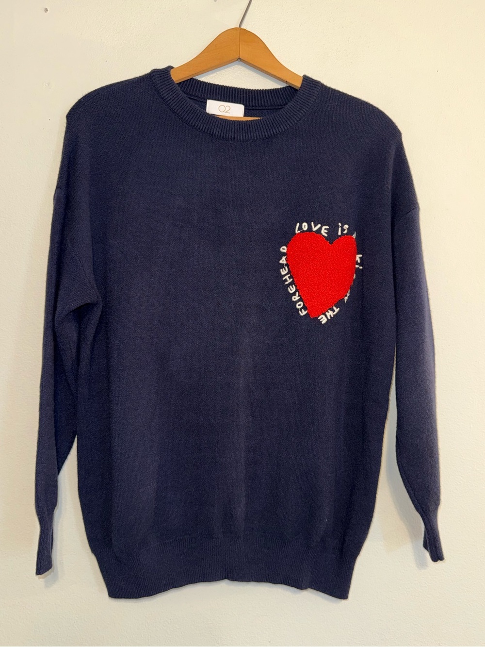Q2 Heart Crewneck Sweater "Love Is A Kiss On The Forehead" No Size Tag